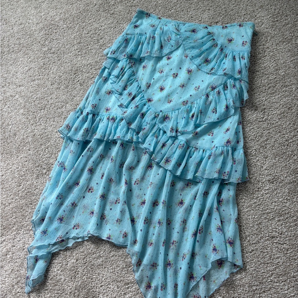 Urban Outfitters Ruffled Blue Floral Midi Skirt